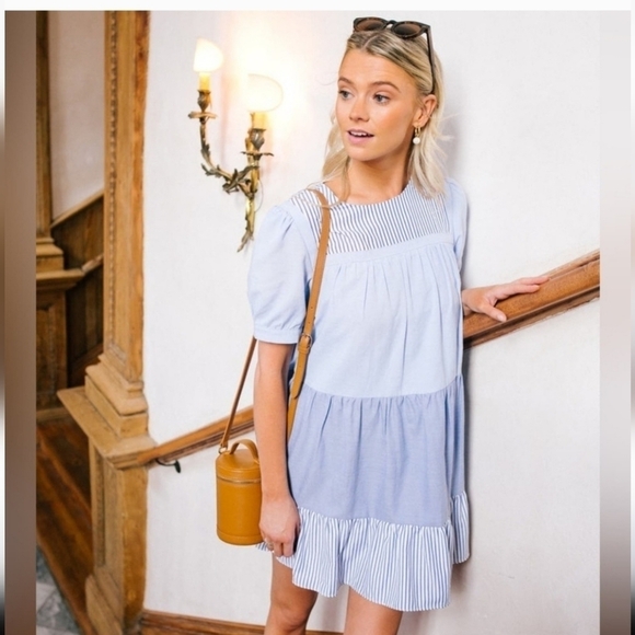 Pomander Place Tuckernuck Preppy Feminine Quinn Tiered Mini Dress Blue Stripe XS - Picture 1 of 16